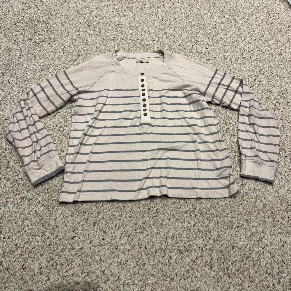 Faherty Cream and Light Gray Striped Long Sleeve Henley Shirt Cloud Cotton